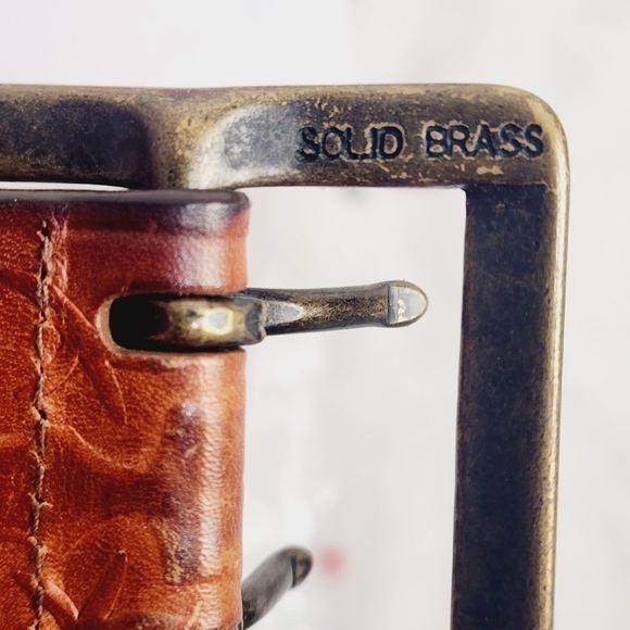 UNBRANDED Carved design Vintage Leather Belt and Brass Double Tine Buckle 36 main image 6